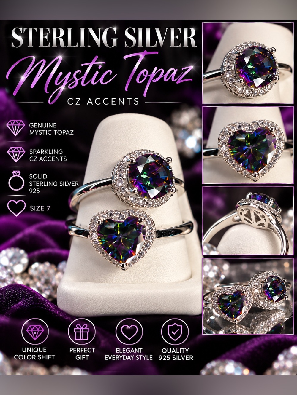 925 Sterling Silver Mystic Topaz Heart & Round Ring Set